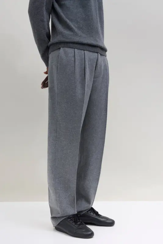 Relaxed Pleated Wool Trousers – Grey Mix online